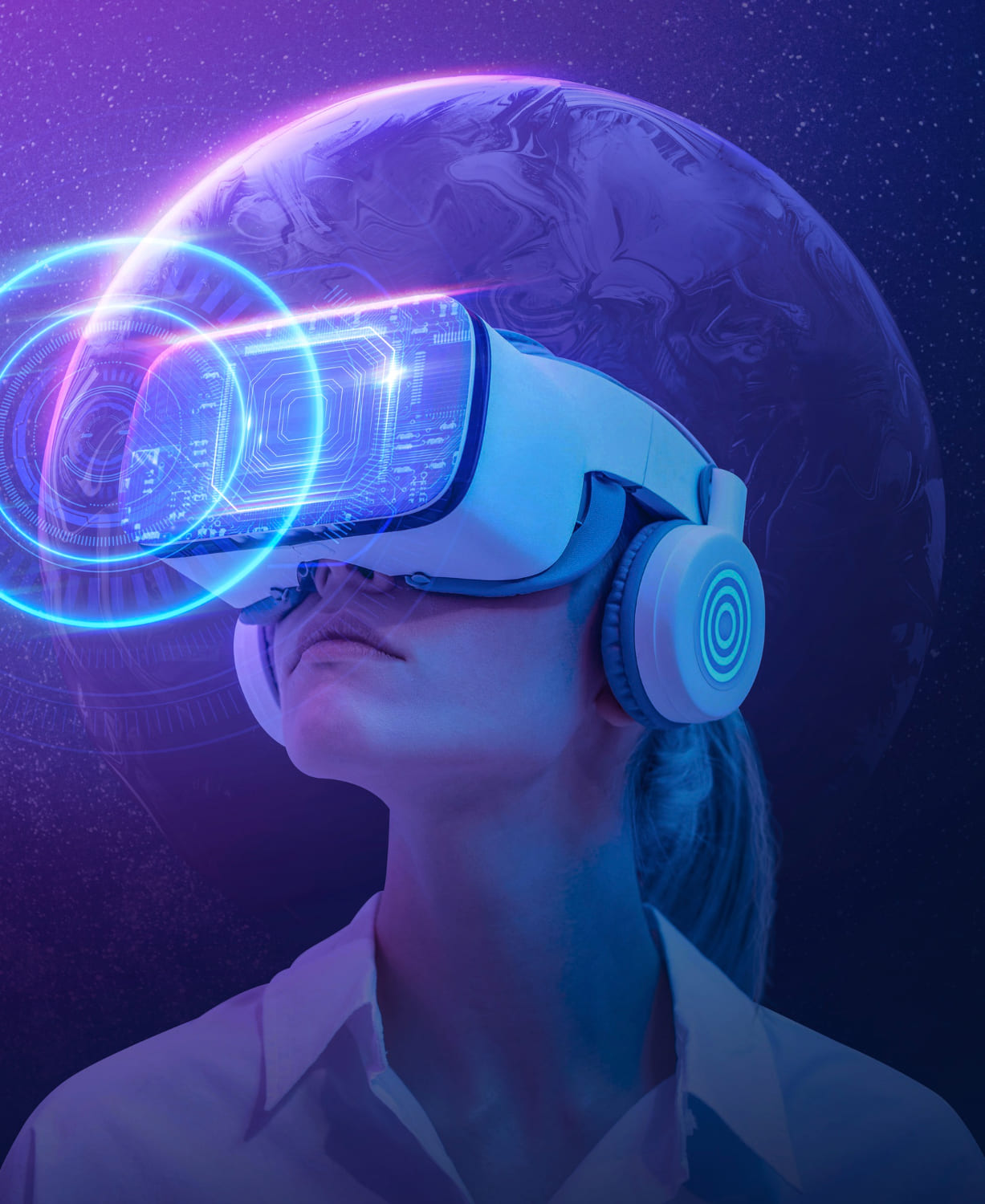 Person wearing a VR headset reaching toward holographic screens in a futuristic environment